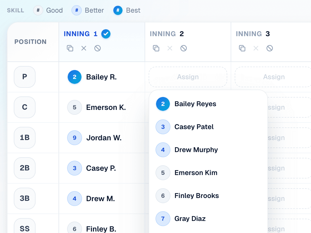 Per-inning lineup builder with skill chips next to each player and an inning-2 position picker open