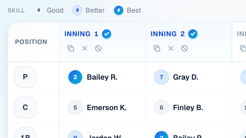 Per-inning lineup planning grid showing position assignments for innings 1–2 with skill chips next to each player