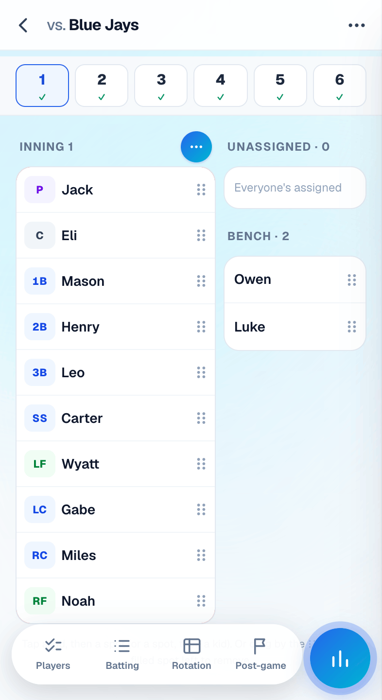 Baseball: an inning planned on a phone with four outfielders, LF, LC, RC and RF
