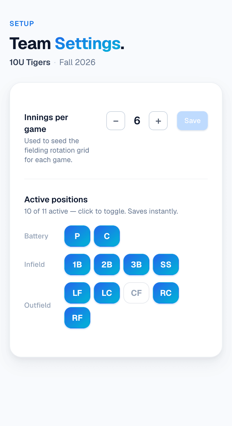 Baseball team settings on a phone: innings per game and the positions you play, four outfielders on