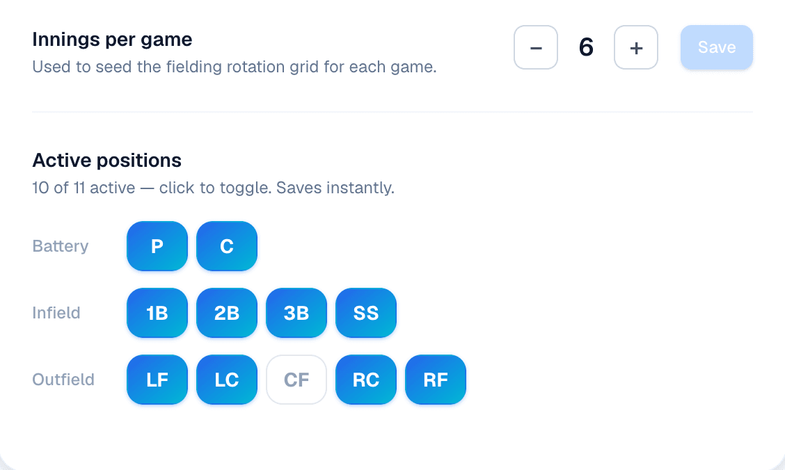 Baseball team settings: innings per game and which positions are active — four outfielders, LF, LC, RC and RF