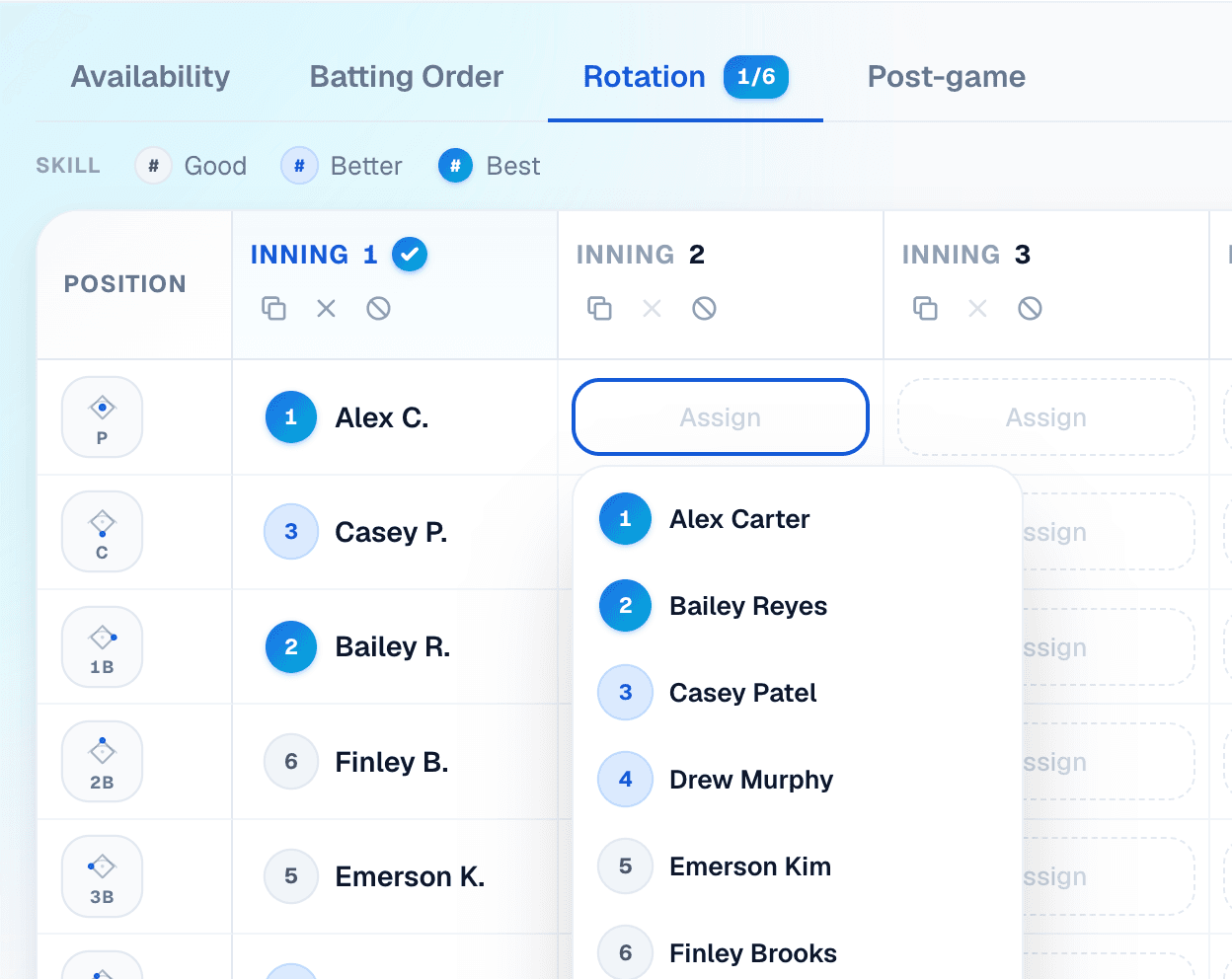 Baseball innings grid on a laptop: P, C, 1B, 2B, 3B and SS down the side, every inning across the top