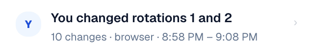 Lineup history: You changed rotations 1 and 2. 10 changes, browser, 8:58 PM to 9:08 PM.