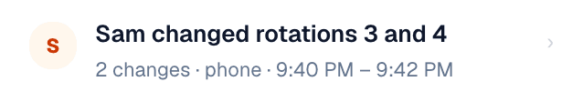 Lineup history: Sam changed rotations 3 and 4. 2 changes, phone, 9:40 PM to 9:42 PM.