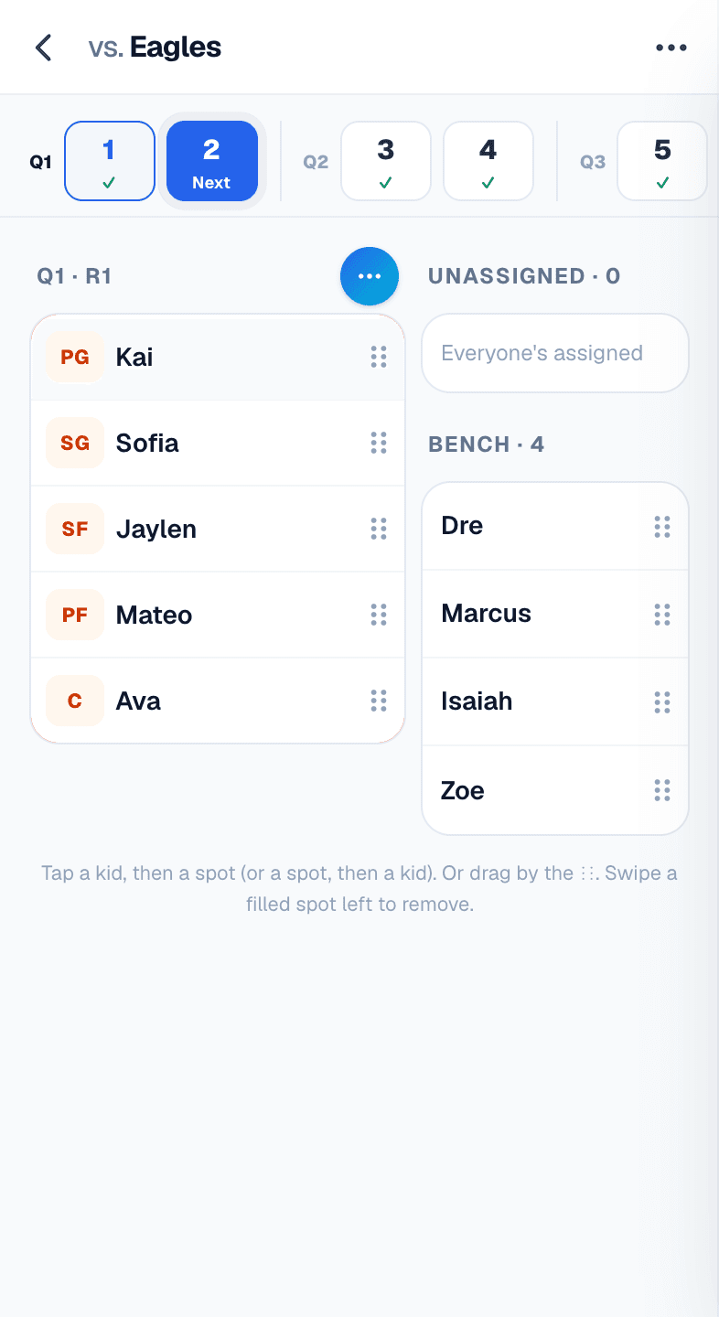Basketball: a rotation planned on a phone with the team’s positions, PG, SG, SF, PF and C