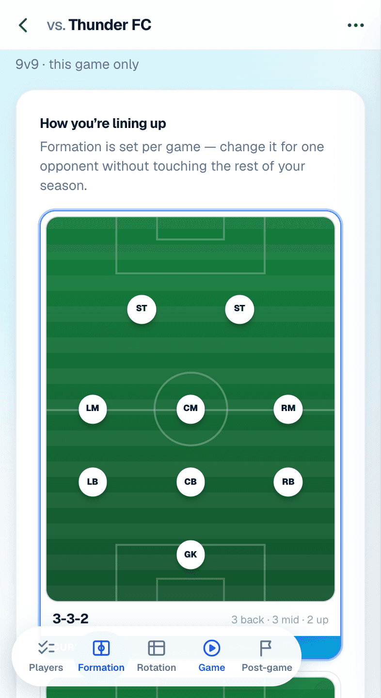 Soccer: the Formation step on a phone, a 3-3-2 drawn on the pitch, set for this game only