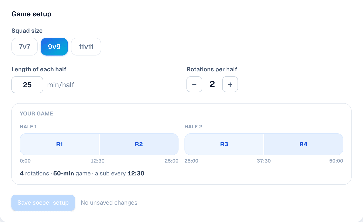 Soccer team settings: squad size, half length, rotations per half and a timeline of when the subs fall